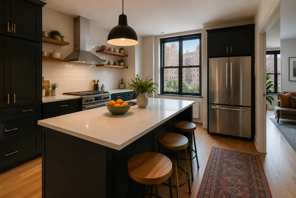 A modern kitchen with a large island, black cabinets, and a stainless steel refrigerator.