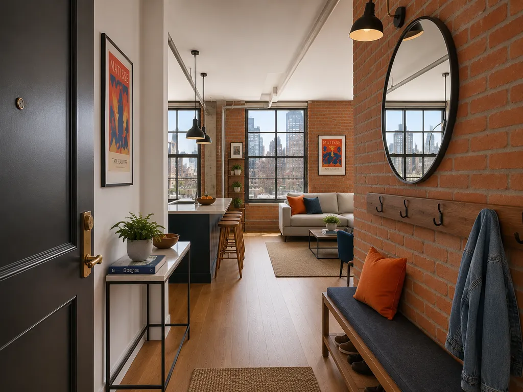 A modern apartment with a brick wall, wooden floors, and a bench near the door.