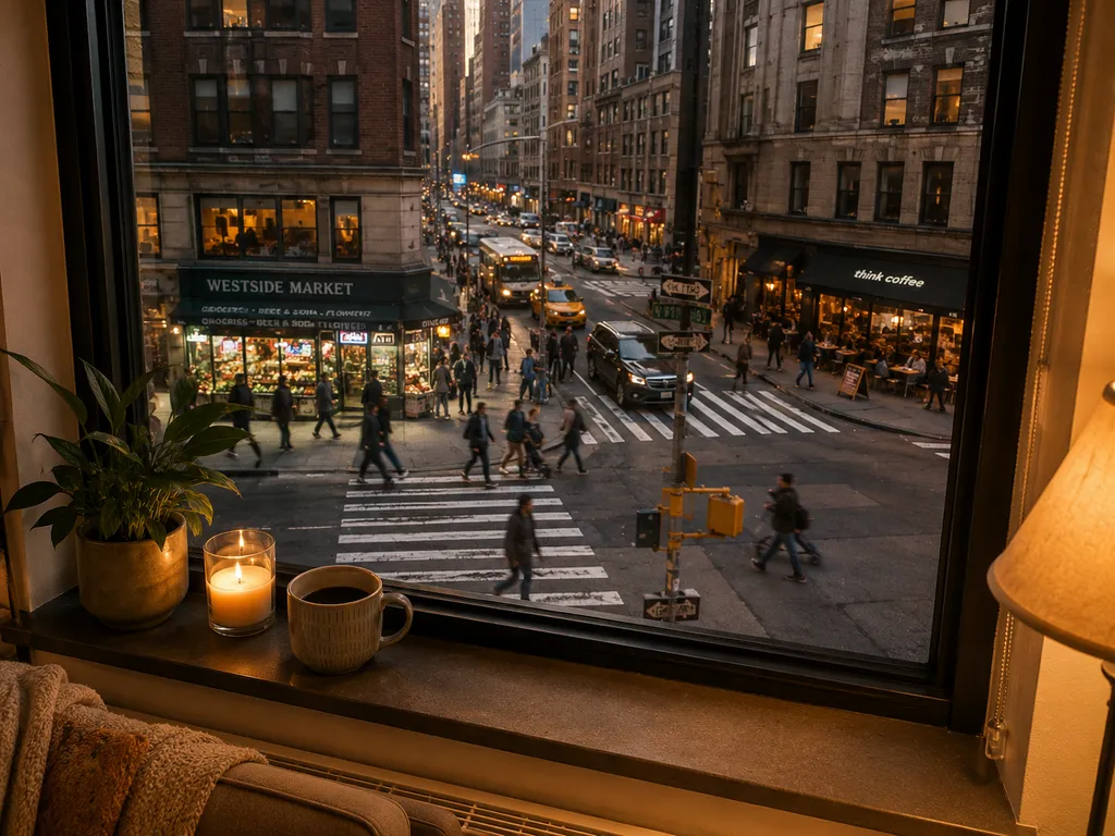 Busy city street with pedestrians, shops, and a cozy window view with a coffee cup.