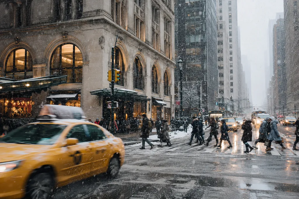 Taxi and pedestrians navigate a snowy city intersection.