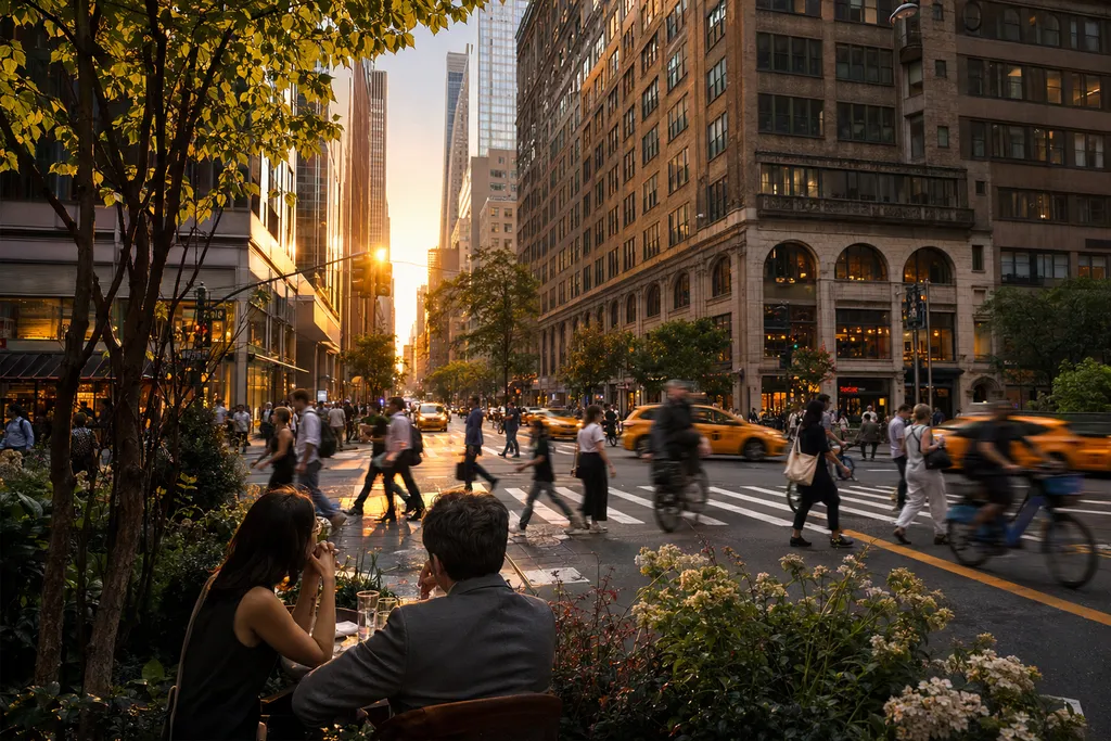 Busy city street with pedestrians, cyclists, and taxis at sunset.