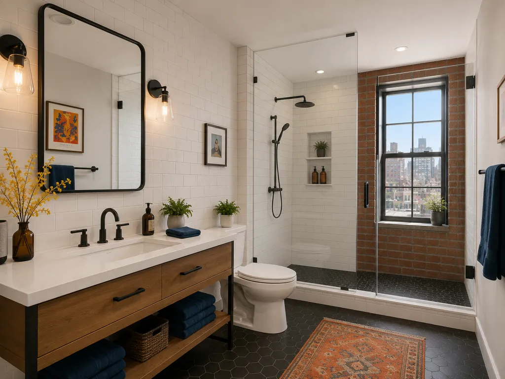 A bathroom with a wooden vanity, a shower, and a window.