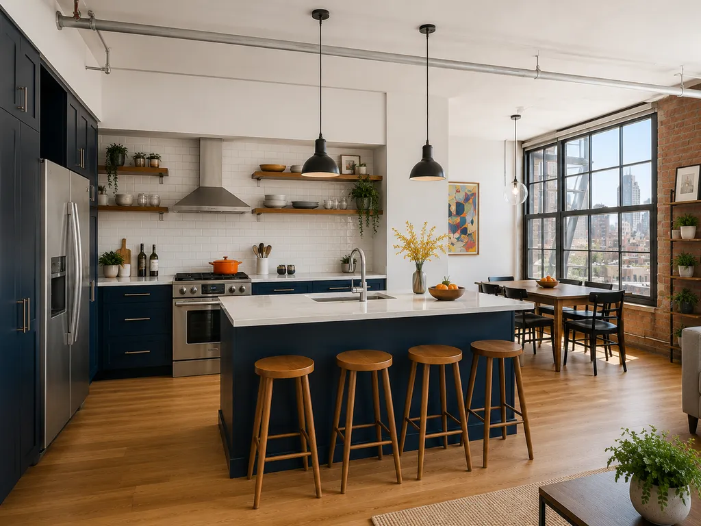 A kitchen with a blue island, wooden stools, and large windows.