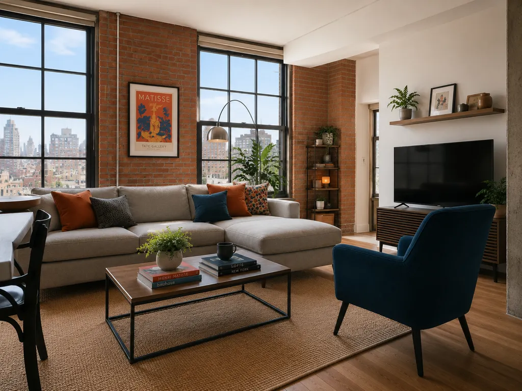 Bright living room with exposed brick, a sofa, and large city-view windows