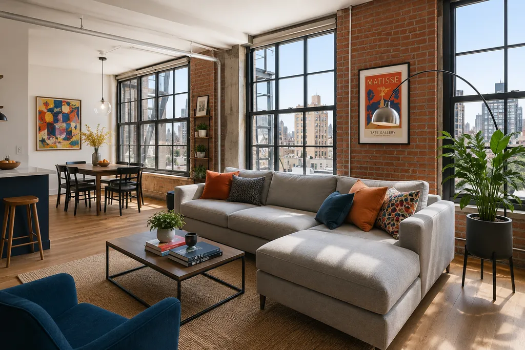 A modern living room with a gray sectional sofa, a coffee table, and a brick wall.