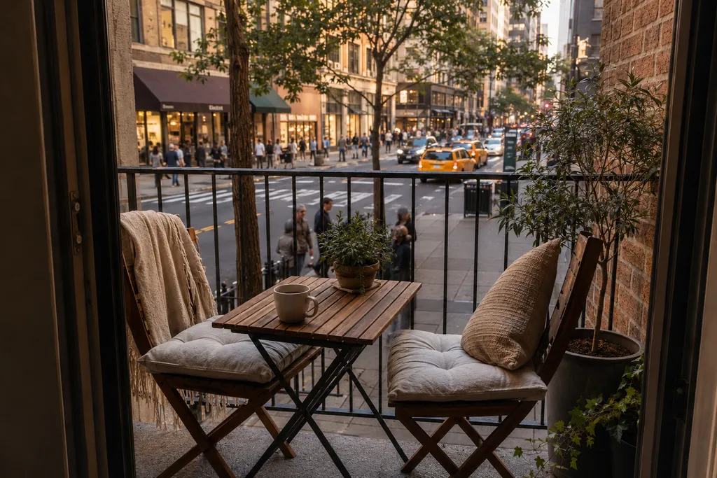 Balcony with table, chairs, plants, and a city street view.
